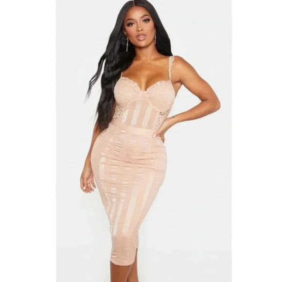 PrettyLittleThing Stone Shape Lace Mesh Stripe Midi Dress Tan Beige Bodycon 8 - Picture 14 of 15